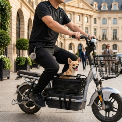 Chihuahua dans un panier pour velo chien avant sur un scooter électrique Yadea, en ville.