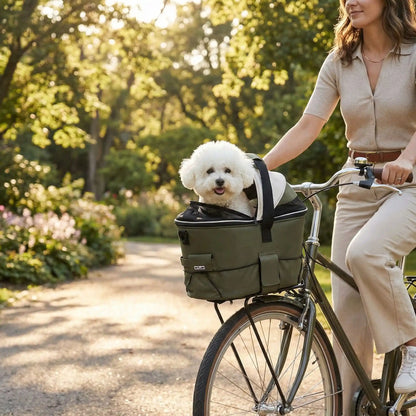 Bichon frisé dans un panier pour vélo chien vert olive lors d'une balade au parc.