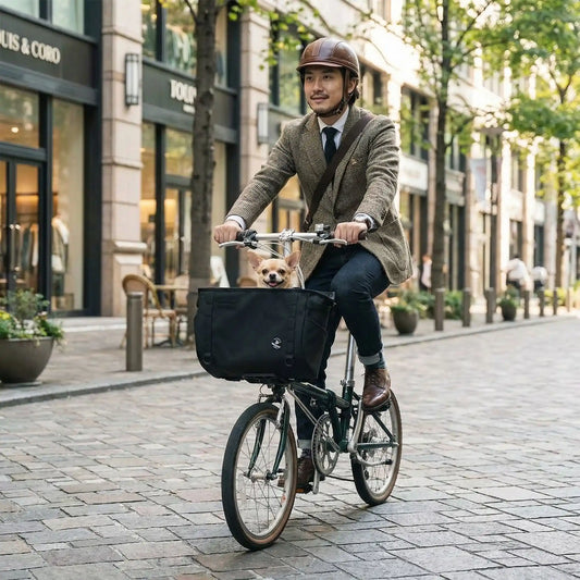 Homme chic en veste et casque avec un Chihuahua dans un panier pour vélo chien noir.