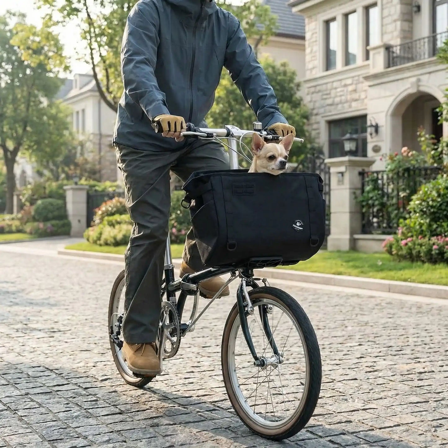Un Chihuahua noir et blanc assis dans un panier pour vélo chien noir sur une rue pavée.
