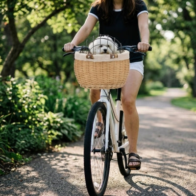 Bichon frisé dans un panier pour vélo chien en osier, balade sur une allée de parc.