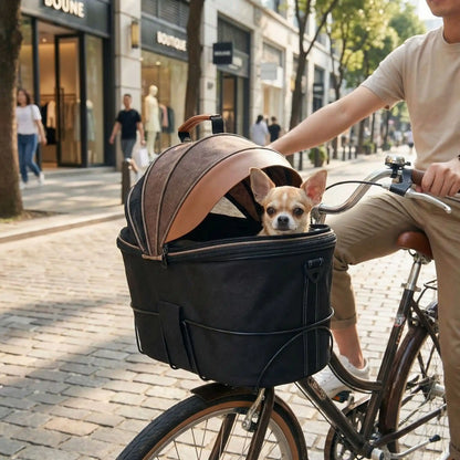 Chihuahua dans un panier pour vélo chien noir à capote marron circulant dans une rue pavée.