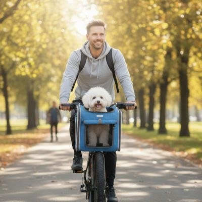 Homme souriant avec Bichon frisé dans son panier vélo chien bleu, décor automnal.