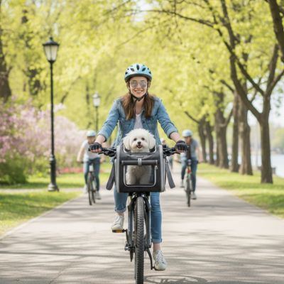 Femme en veste jeans transportant un Bichon frisé dans un panier vélo chien gris.