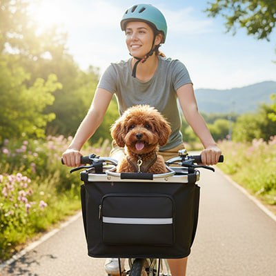 Caniche Toy brun dans un panier vélo chien noir conduit par une femme casquée.