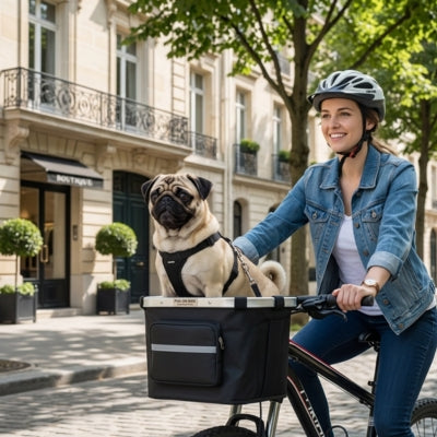 Chien Carlin avec harnais dans un panier vélo chien mené par une femme en veste jean.