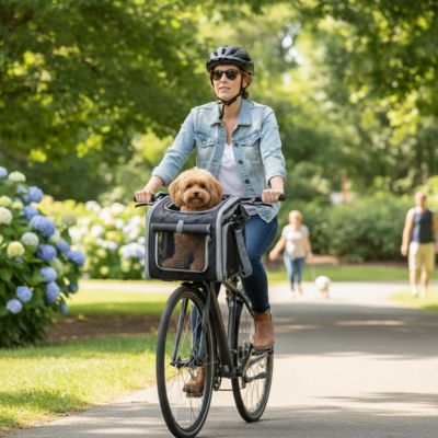 Femme avec lunettes de soleil et Cockapoo beige dans un panier vélo chien noir, hortensias.