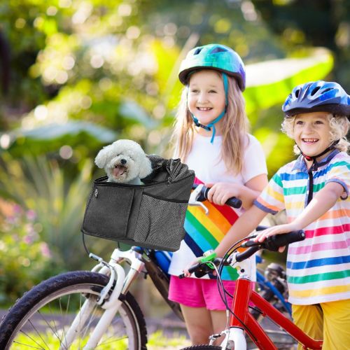 Enfants à vélo avec un chiot Bichon Frisé dans un panier velo chien gris au guidon.
