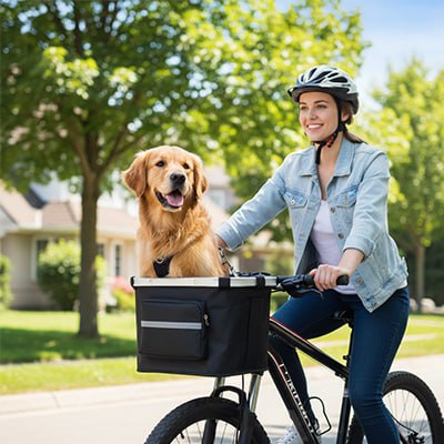Golden Retriever assis dans un panier vélo chien mené par une femme en veste jean.
