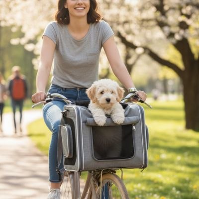 Femme cycliste avec Labradoodle beige dans son panier vélo chien gris au printemps.