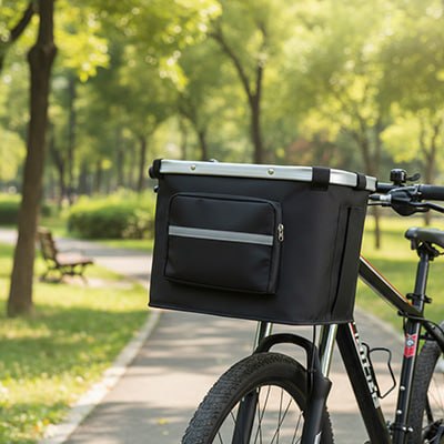 Gros plan sur un panier vélo chien noir vide monté sur le guidon sur une allée de parc.