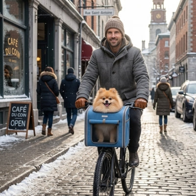 Homme pédalant avec un Spitz dans un panier vélo chien bleu, rue pavée en hiver.