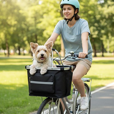 Petit chien blanc type Westie dans un panier vélo chien noir sur une allée de parc.