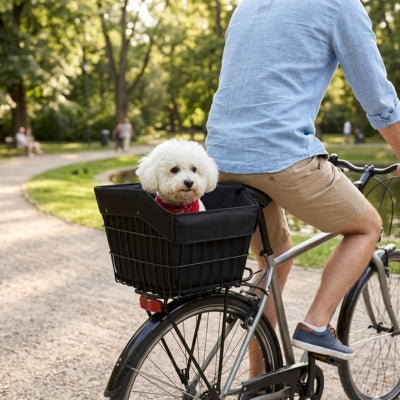 Bichon frisé blanc avec bandana rouge dans un panier velo pour chien fixé à l'arrière du vélo.