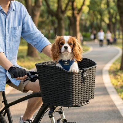 Cavalier King Charles dans un panier velo pour chien à l'avant, sur un chemin de parc.