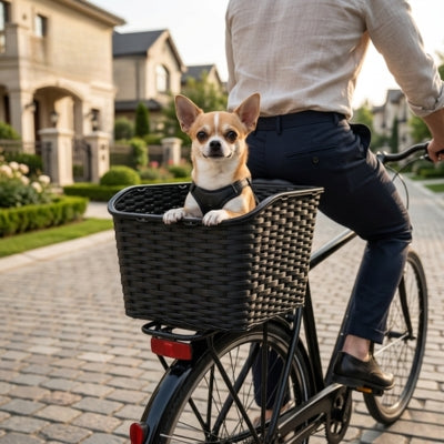 Chihuahua assis dans un panier velo pour chien arrière, traversant un quartier résidentiel.