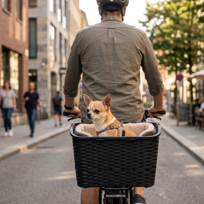 Petit chihuahua dans un panier velo pour chien à l'arrière d'un cycliste en ville.