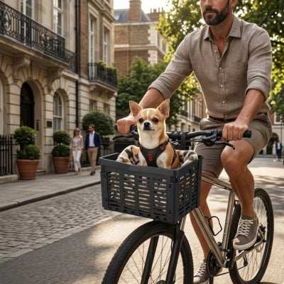 Chihuahua dans le panier velo pour chien sur une rue pavée en ville.