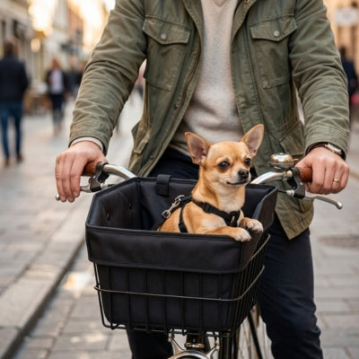 Petit chien Chihuahua dans un panier velo pour chien noir en pleine rue pavée citadine.