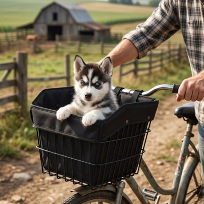 Chiot Husky aux yeux bleus assis dans son panier velo pour chien devant une ferme en bois.