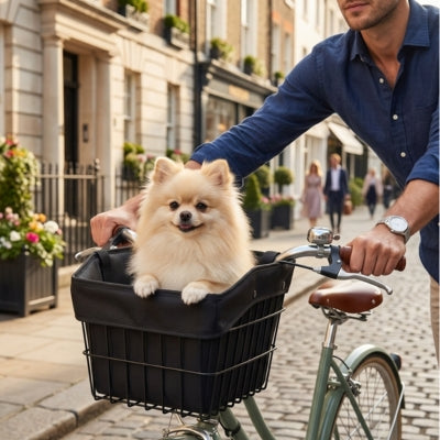 Chien Spitz poméranien beige souriant dans un panier velo pour chien sur un guidon de vélo.
