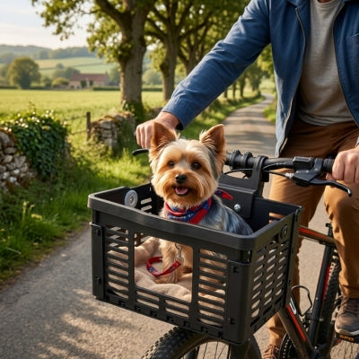 Yorkshire avec bandana rouge dans le panier velo pour chien sur une route de campagne.