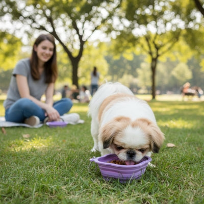 Épagneul Pékinois mangeant dans une gamelle pour chien violette sur l'herbe d'un parc.