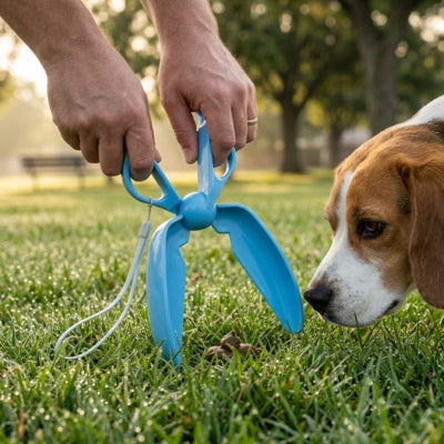 Mains utilisant une pelle a crotte bleue dans l'herbe à côté d'un chien Beagle.