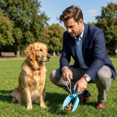 Homme accroupi utilisant une pelle a crotte bleue au parc face à un Golden retriever.