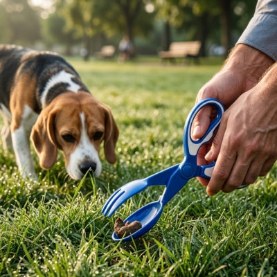 Gros plan d'une main utilisant une pelle a crotte chien bleue dans l'herbe près d'un Beagle.