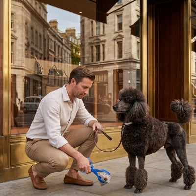 Homme devant une vitrine utilisant une pelle a crotte chien avec sac face à un Caniche royal.