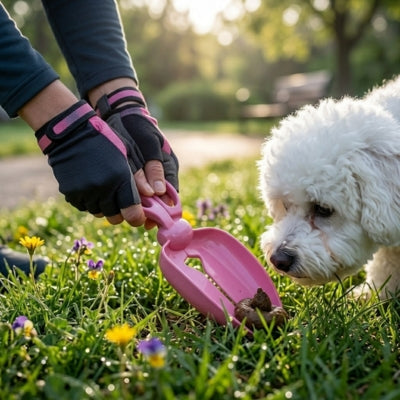 Main gantée avec pelle a crotte rose dans une pelouse fleurie près d'un Bichon frisé.