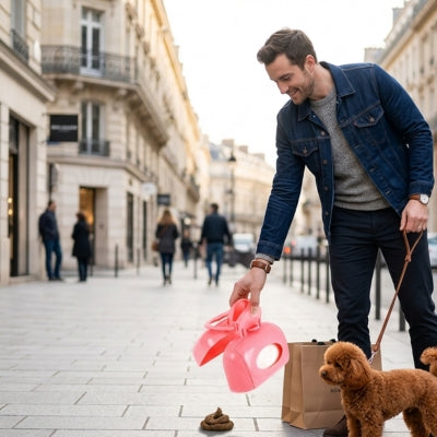 Homme avec pelle a crotte rose s'apprêtant à ramasser un besoin devant un Poodle en ville.