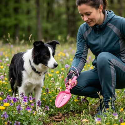 Femme avec une pelle a crotte rose dans une prairie sauvage à côté d'un Border collie.