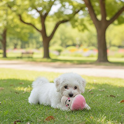 Chiot Bichon frisé blanc couché dans l'herbe avec une peluche pour chien champignon rose.