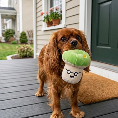 Chien Cavalier King Charles sur un porche avec une peluche pour chien champignon vert.