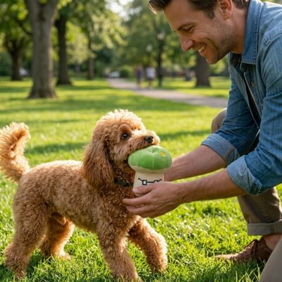 Caniche abricot tenant une peluche pour chien champignon vert à lunettes.