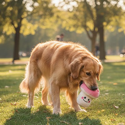 Chien Golden Retriever dans un parc attrapant une peluche pour chien champignon rose souriant.