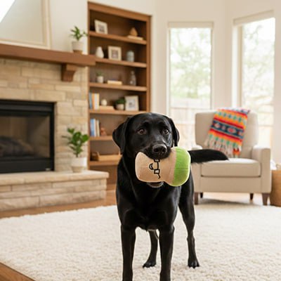 Labrador noir debout dans un salon tenant une peluche pour chien champignon vert à lunettes.