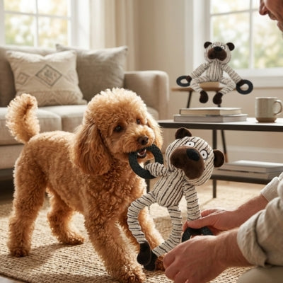 Caniche abricot jouant avec une peluche pour chien tenue par son maître dans un salon.