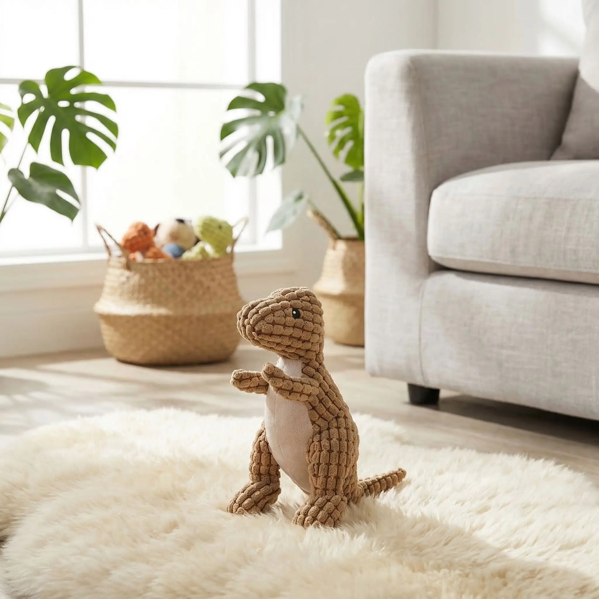 Peluche pour chiens dinosaure en tissu texturé beige posée sur un tapis blanc en fausse fourrure.