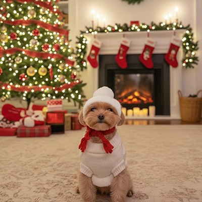 Petit chien devant une cheminée et un sapin de Noël, portant un bonnet pour chien blanc.