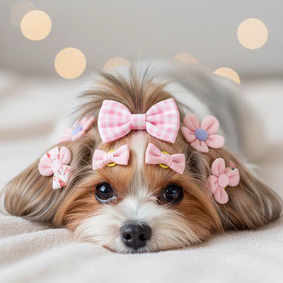 Petit chien avec plusieurs fleurs et un collier nœud papillon pour chien rose à carreaux.