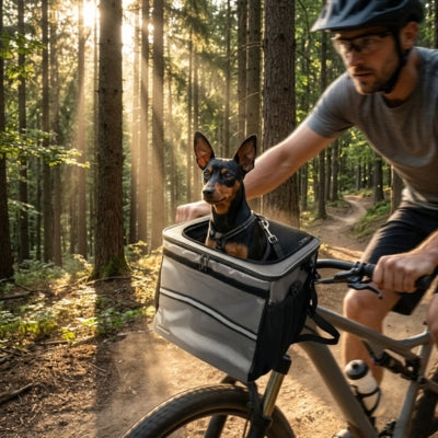 Un Pinscher nain dans son velo panier chien gris sur un sentier de forêt ensoleillé.