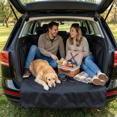 Pique-nique en coffre avec Golden Retriever et panier sur tapis chien voiture protection.