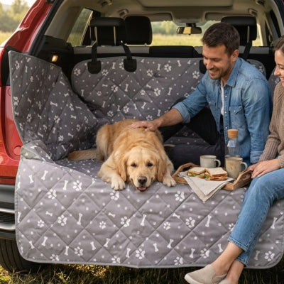 Couple et Golden Retriever sur une protection de coffre chien voiture protection en extérieur.
