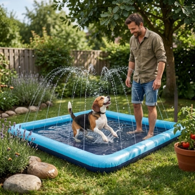 Un Beagle s'amuse sous les jets d'eau d'une piscine pour chien carrée avec son maître.