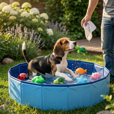 Chien Beagle attrapant une tortue en plastique dans sa piscine pour chien.
