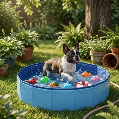 Bouledogue français debout dans une piscine pour chien entourée de plantes vertes.