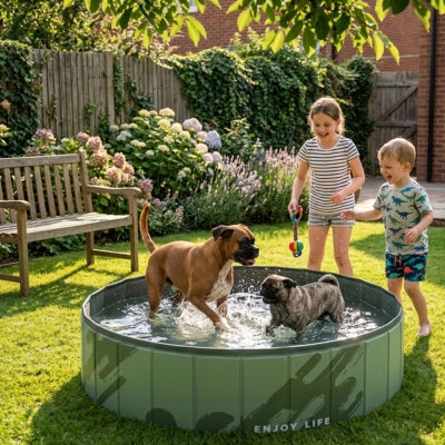 Un Boxer et un Carlin s'amusent avec des enfants dans une piscine pour chien "ENJOY LIFE".
